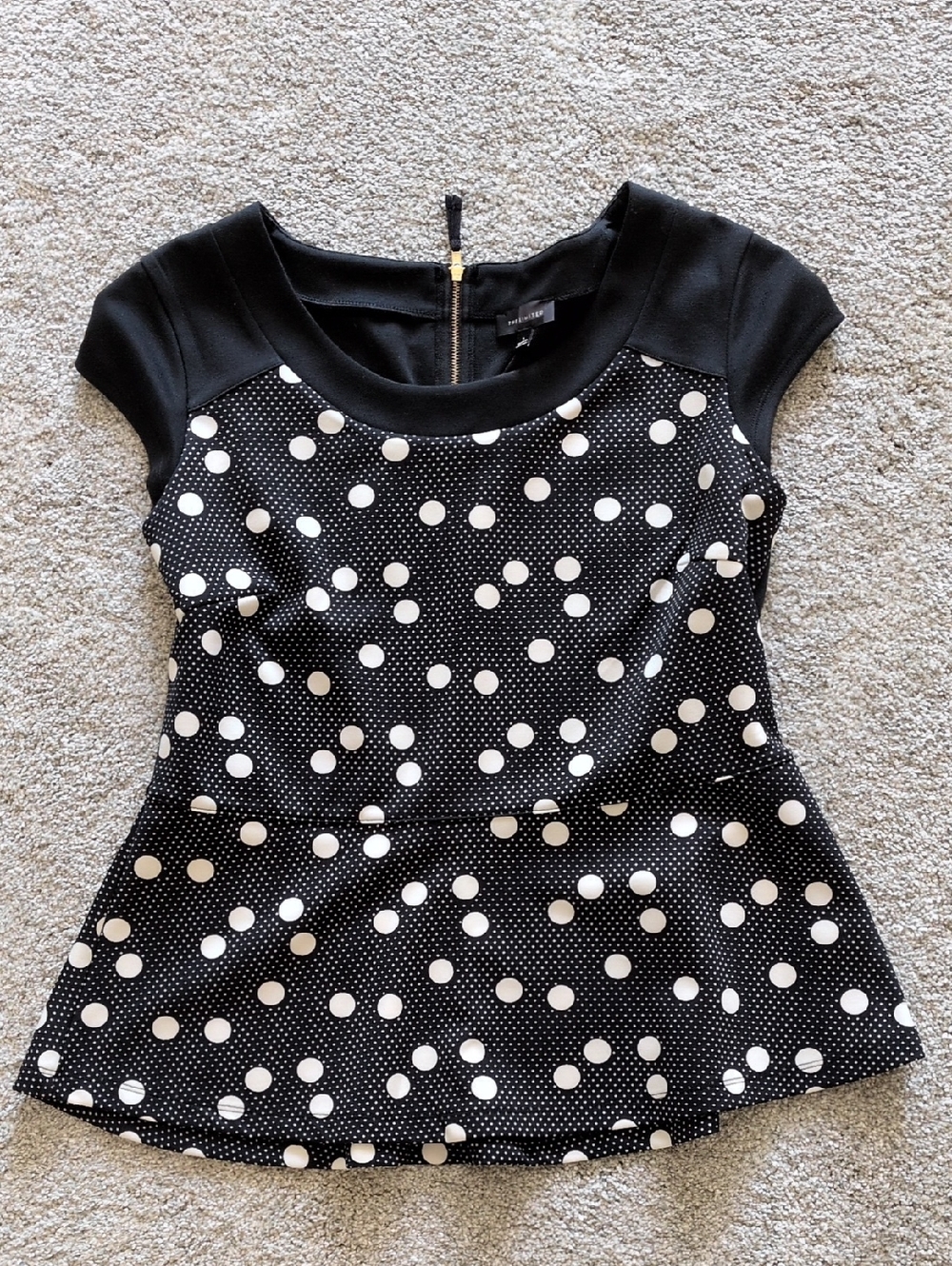 NWOT The Limited black and white polka dot peplum top size large